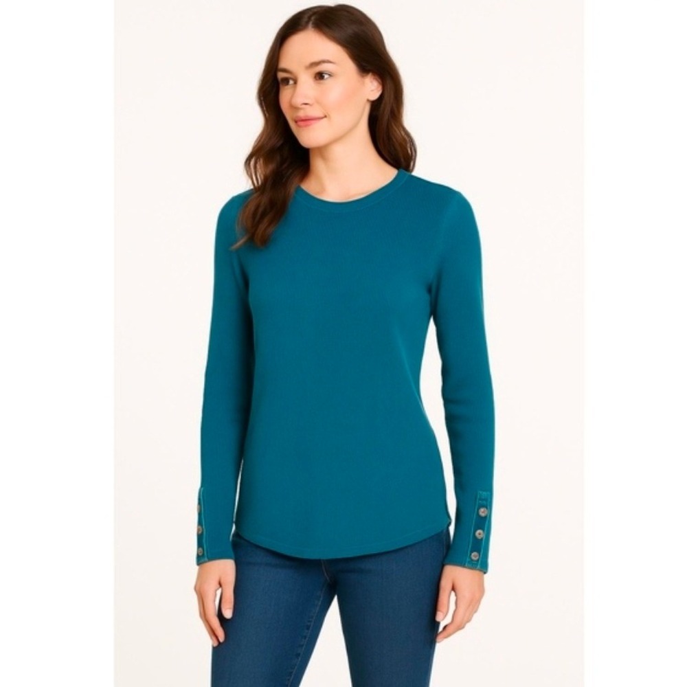 Sundance Shirt Womens Size Medium Teal Long Sleeve Ribbed Button Cuffs Thermal